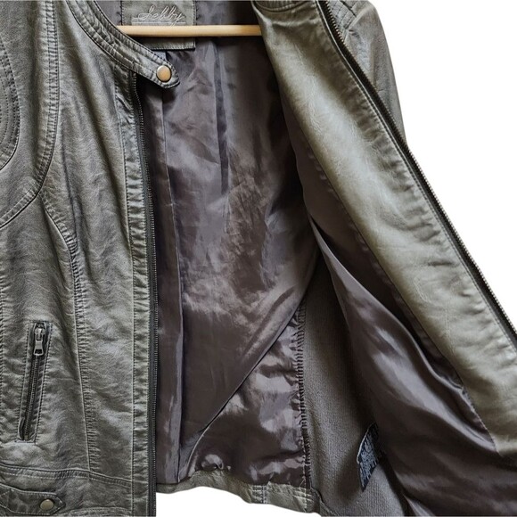 Sebby Moto Jacket Womens M Gray Faux Leather Ribbed Knit Full Zip Biker Rustic - Picture 6 of 15